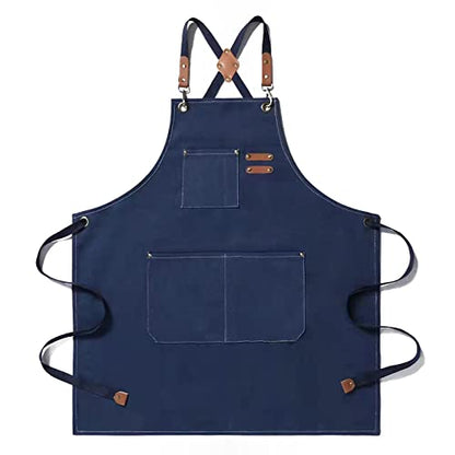 Tosewever Canvas Cross Back Chef Cotton Aprons for Men Women with Large Pockets - color: Blue