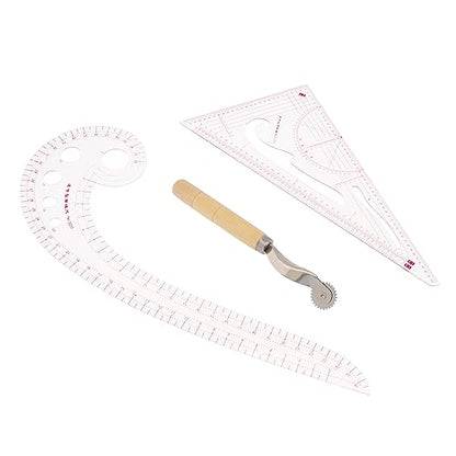 3pcs Clothing Patterning Ruler Sew French Curve Ruler Metric Shaped Plastic Sewing Tools Include Curve/Triangular Rule Tracing Wheel for Beginners Tailors Designers (3pcs)