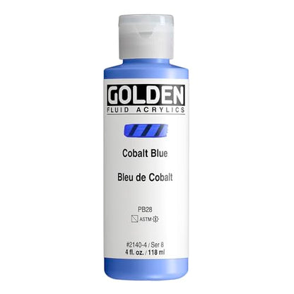 GOLDEN Fluid Acrylics, Cobalt Blue, 4 fl. oz. Bottle | Artist grade acrylic paint with rich pigment load and a flowing constency useful for even coverage and fine details.