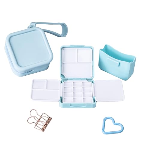 WTYONZEL Travel Pocket Watercolor Set, Artist Outdoor Sketch Kits with 24 Well Palette,3 Foldable Palettes,Clip-on Washing Bucket,Silicone Bag,Ideal for Outdoor Sketch Artists(Blue)