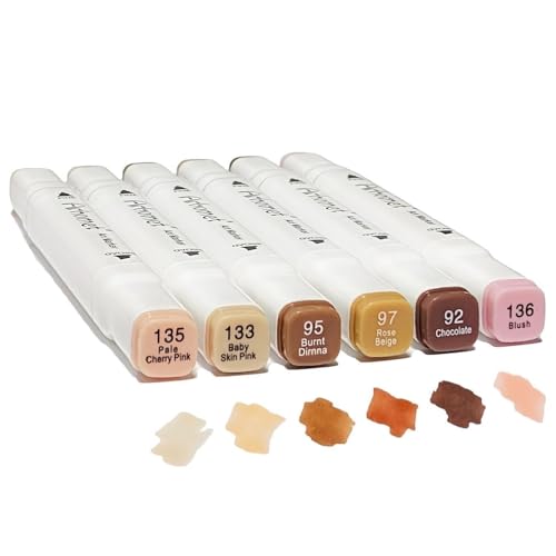 Arhomet 6 Colors Skin Tone Alcohol Markers Set, Skin, Wood, Earth Colors Dual Tips Art Markers Drawing Sketched Double Tipped for Adults Beginner Artists (Skin Tone) - color: Skin Tone