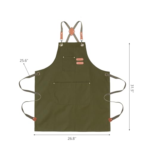 Chef Aprons for Men Canvas Apron with Large Pockets and Adjustable Neck Strap for Cooking,BBQ, Gardening - color: Green