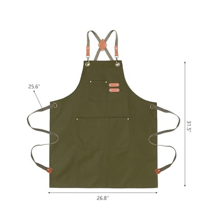 Chef Aprons for Men Canvas Apron with Large Pockets and Adjustable Neck Strap for Cooking,BBQ, Gardening - color: Green