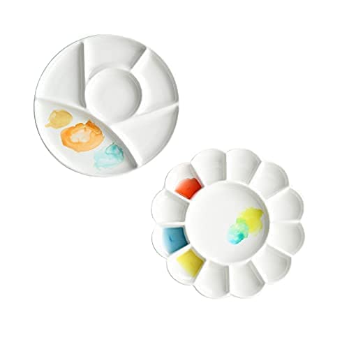 Set of 2 Ceramic Artist Paint Pallet,Tray,Palette,Easy to Clean Porcelain Mixing Tray for Watercolor Gouache Painting,White, 8 inch,Round, (LS007)