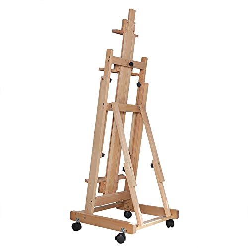 H-Frame Easel 56" to 91"H, Solid Beech Wood Easel, Studio Easel for Painting Canvas, Artist Easel with Large Storage Tray, Solid Beech Wood Artist Easel Adjustable with Wheels