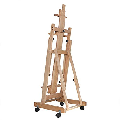 H-Frame Easel 56" to 91"H, Solid Beech Wood Easel, Studio Easel for Painting Canvas, Artist Easel with Large Storage Tray, Solid Beech Wood Artist Easel Adjustable with Wheels