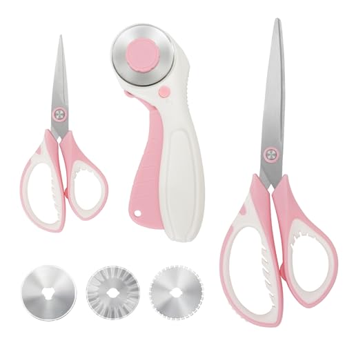 Pink Professional Sewing Scissors Set: Big and Small Scissors, Rotary Cutter with 3pcs Extra Blades for Cutting Fabric - color: Pink