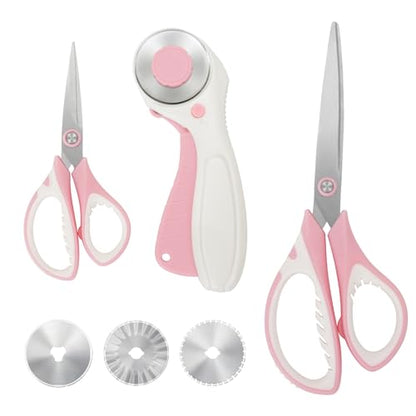 Pink Professional Sewing Scissors Set: Big and Small Scissors, Rotary Cutter with 3pcs Extra Blades for Cutting Fabric - color: Pink
