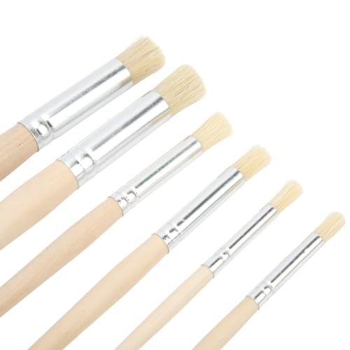 6 Pcs Round Brush Tip Wooden Stencil Paint Brushes Set Wood Handle Stiff Brushes for Acrylic, Oil, Watercolor Painting and Texture Art Creation