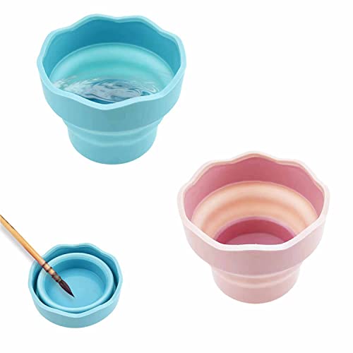 2 PCS Collapsible Paint Brush Washer, Portable Silicone Washing Bucket Brush Holder Cleaner Painting Water Cup for Watercolor Oil Painting