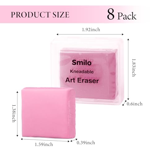 Smilo Kneaded Erasers for Artists, Pink Moldable Putty, 8-Pack | Reusable, Dust-Free and No Smudge, Art Erasers with Storage Case for Charcoal, Graphite, Pencil and Pastel Drawing - color: Pink