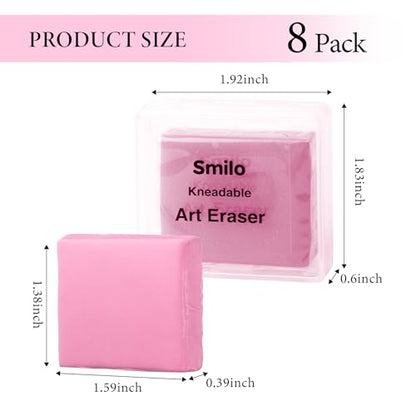 Smilo Kneaded Erasers for Artists, Pink Moldable Putty, 8-Pack | Reusable, Dust-Free and No Smudge, Art Erasers with Storage Case for Charcoal, Graphite, Pencil and Pastel Drawing - color: Pink