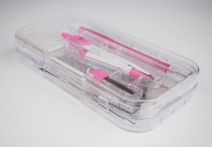 9-piece set back-to-school kit , packed in a reusable plastic box,two triangles, a protractor, a 15-centimeter ruler, a compass, a mechanical pencil with extra lead, and an eraser. - color: Pink