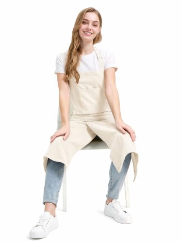 Molaxhome Split Pottery Apron with 3 Pockets Unisex with Adjustable Strap | Cotton Blend,Kitchen Apron,for Ceramics,Gardening,Kitchen Cooking - color: Beige