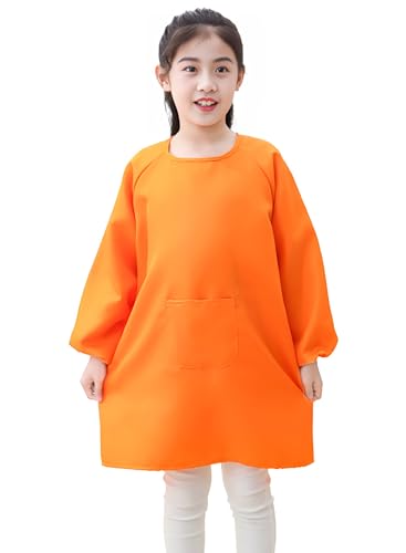 Lauthen.S 2 Pack Kids Art Smocks, Long Sleeve Artist Painting Aprons - color: Orange, size: L(8-12 Years)