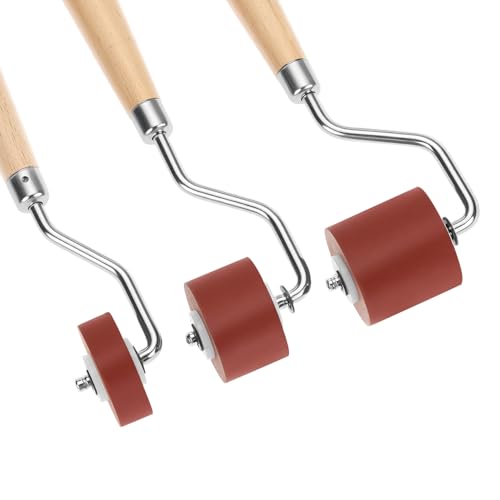QWORK 3pcs Rubber Brayer Roller Set, 1.18" 0.78" 0.39" Mini Ink Rollers with Wooden Handle & Stainless Steel Frame for Printmaking, Stamping, Inking Blocks, Carving Surfaces