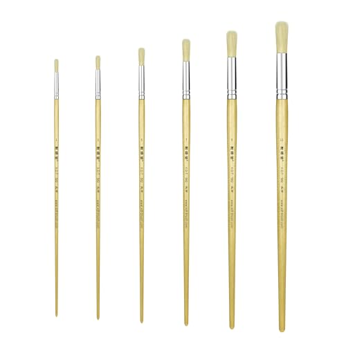 XDT#582 Round Tip Artist Paint Brush 6 Piece Set Medium Stiff Hog Bristle Extra Long Handle #1#3#5#7#9#11, Best Brush for Painting Oil Acrylic Watercolor On Canvas - size: Odd Sizes (Round 6-PCS)