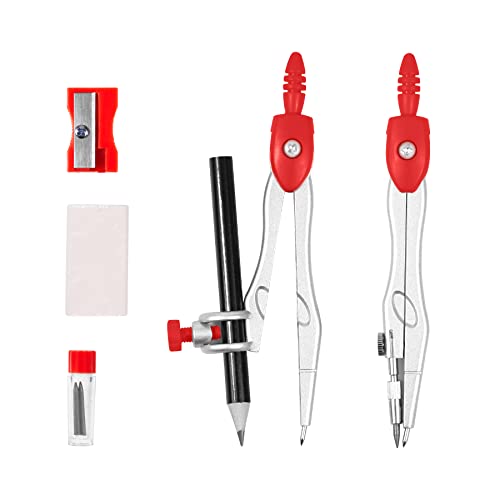 Vobou 10 pcs Math Geometry Set Student Supplies,Compass Kit Set (Red） | Shatterproof Storage Box,Rulers,Protractor,Compass,Eraser,Pencil Sharpener,Lead Refills,Pencil,for School and Drawing - color: Red1