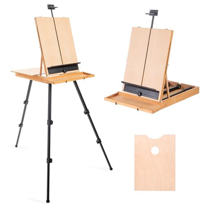 Large French Style Easel, Portable Field & Studio Sketchbox | Plein Air Adjustable Tripod Easel with Detachable Drawer for Display, Painting, Sketching