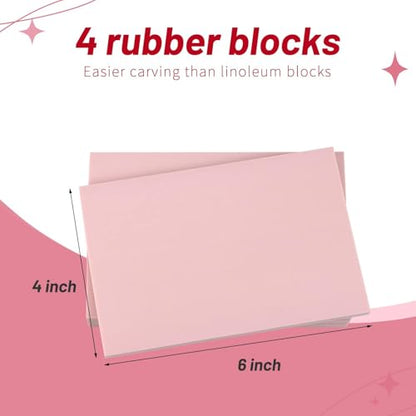 4 Pack 4"x6" Rubber Carving Blocks with Lino Cutter Tool Set | Smooth soft pink texture; interchangeable blades for linoleum printmaking, stamp making & DIY crafts