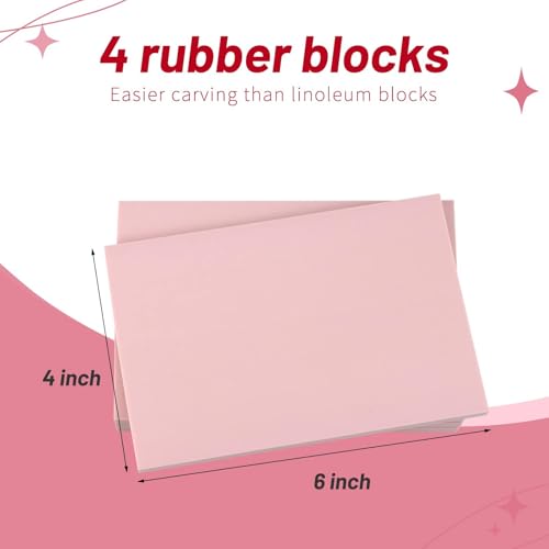 4 Pack 4"x6" Rubber Carving Blocks with Lino Cutter Tool Set | Smooth soft pink texture; interchangeable blades for linoleum printmaking, stamp making & DIY crafts