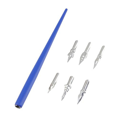 Dip Pen Set 1pcs Wooden Pen Nib Holder 6pcs Stainless Steel Replacement Fountain Pen Nibs for Calligraphy Drawing Signing Sketch Painting Writing (Blue) - color: Blue