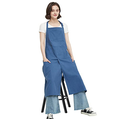 Pottery Apron Split Leg,100% Cotton Artist Apron 3 Pockets for Women Men,Ceramics Clay - color: Blue, size: 36" long