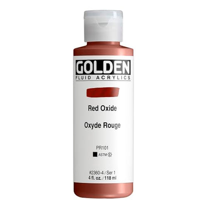 GOLDEN Fluid Acrylics, Red Oxide, 4 fl. oz. Bottle | Artist grade acrylic paint with rich pigment load and a flowing constency useful for even coverage and fine details.