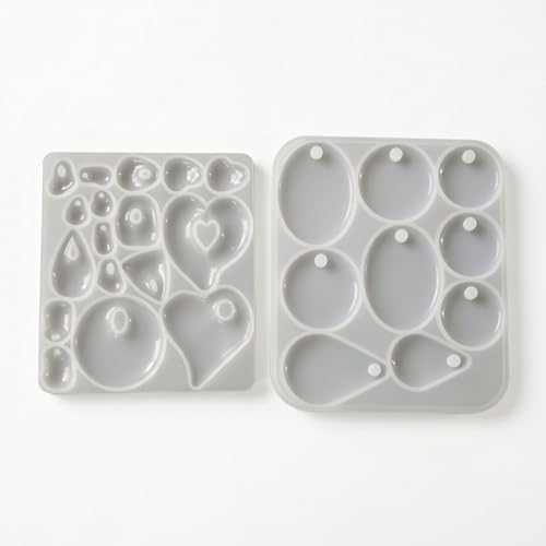 2Pcs Silicone Resin Casting Mold Set for Jewelry Pendants, Round, Oval, Heart and Teardrop Shapes with Hole Silicone Mold for Crafts Keychain Earrings Pendant Epoxy Resin Jewelry Making