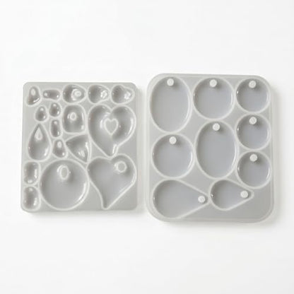 2Pcs Silicone Resin Casting Mold Set for Jewelry Pendants, Round, Oval, Heart and Teardrop Shapes with Hole Silicone Mold for Crafts Keychain Earrings Pendant Epoxy Resin Jewelry Making