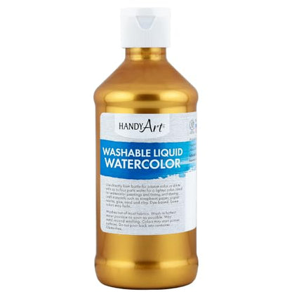 Handy Art Washable Liquid Watercolor Paint, Metallic Gold, 8 oz Bottle | Ready to Use Concentrated Dye-Based Liquid, Deep Color Strength, Dilute with Water, Certified Safe AP Non-Toxic, Made in USA - color: Metallic Gold