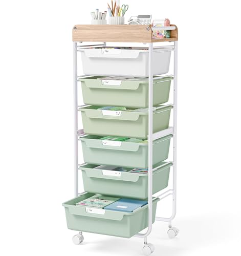 SYKIARIOL 6 Drawer Rolling Cart for Craft Storage,Utility Drawer Cart,Green | Organizer with Handle and Wooden Top,Storage on wheels for Office,Classroom,Laundry,Garage,Snack,Art Supply - color: Green, size: 6-Drawer
