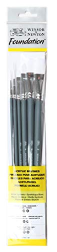Winsor & Newton Foundation Acrylic Brush Set, LH, 6 Pack - size: Round 3 & 6, Filbert 3 & 6, Flat 10 & 14, style: Long Handle
