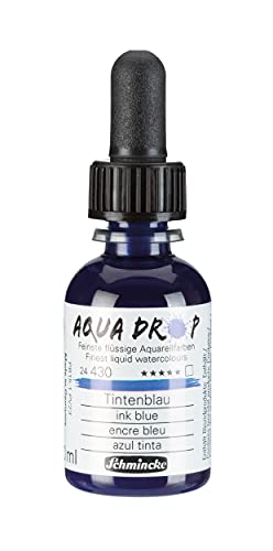 Schmincke - AQUA DROP, liquid, pigment-based watercolour, ink blue in 30 ml pipette bottle, 24430034, for watercolorpainting, urban sketching, calligraphy, handlettering, lightfast - color: 430 Ink Blue