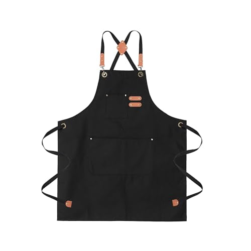 Chef Aprons for Men Canvas Apron with Large Pockets and Adjustable Neck Strap for Cooking,BBQ, Gardening - color: Black