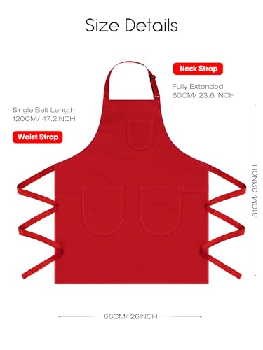Unisex Apron with Pockets for Cooking, Salon & Art - 100% Cotton Adult Kitchen, Chef, Stylist Apron (Red) - color: Red