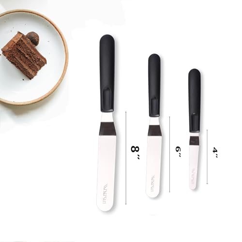 Cake Icing Spatulas with Non-Slip Handle 4 6 Inch Small Offset Palette Knife for icing smoother, Flat Pallet Knives for Baking or Frosting, Stainless Steel Cake Decorating Spatulas Angled Spatula - size: Black icing spatula 6, 8, 10 inch