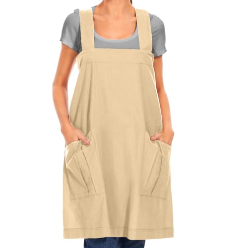 Larmliss Women's Cotton Cross Back Apron Pinafore Dress with Big Pockets Loose Square Apron for Baking Cooking Gardening - color: Apricot, size: Small