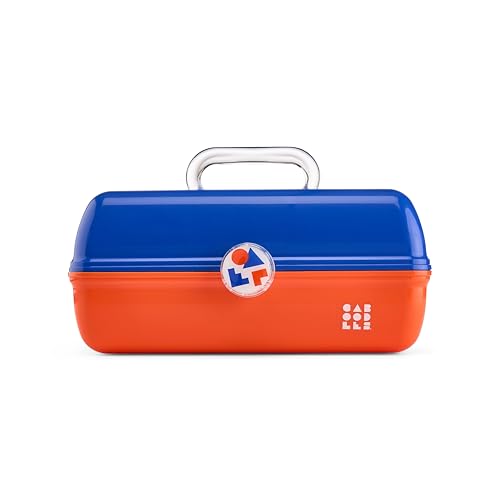 Caboodles School Spirit On-The-Go Girl Makeup Box, Blue Over Orange, Hard Plastic Makeup Organizer Box, Built-In Mirror, Secure Latch for Safe Travel, Spacious Storage for Large Items - color: Blue Orange School Spirit