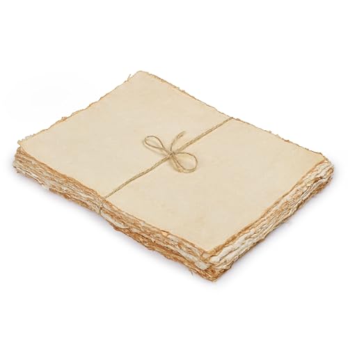 LEATHER VILLAGE Vintage Deckled Edge Watercolor Paper 25 Sheets 4x6 Inches | Handmade cotton rag paper with antique old look, 150 GSM thick for calligraphy, letter writing, invitations and ink art - color: Antique/Vintage, size: 6 X 4 Inch
