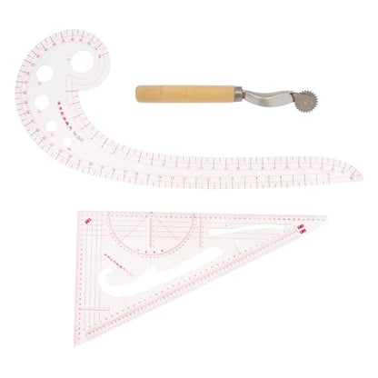 3pcs Clothing Patterning Ruler Sew French Curve Ruler Metric Shaped Plastic Sewing Tools Include Curve/Triangular Rule Tracing Wheel for Beginners Tailors Designers (3pcs)