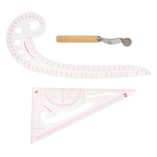 3pcs Clothing Patterning Ruler Sew French Curve Ruler Metric Shaped Plastic Sewing Tools Include Curve/Triangular Rule Tracing Wheel for Beginners Tailors Designers (3pcs)