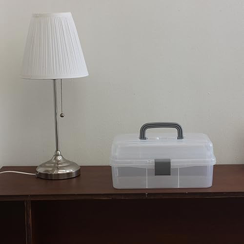 2-Tier Trays Clear Gray Plastic Storage Container Organizer Box, Multipurpose Portable Carrying Case with Latch Lock and Handle for Art, Craft, Sewing Supplies, First Aid, Makeup
