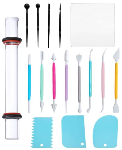 17-Piece Polymer Clay Tools Kit, Acrylic Roller Pin & Clear Square Press Board, Double-Ended Pottery Sculpting Modeling Tools with Scrapers for Beginners DIY Craft