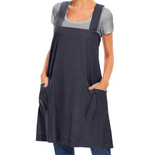Larmliss Women's Cotton Cross Back Apron Pinafore Dress with Big Pockets Loose Square Apron for Baking Cooking Gardening - color: Dark Grey, size: Large