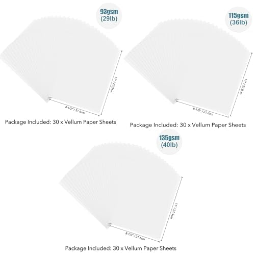 BAOFALI 90 Sheets/Set Translucent Vellum Paper,Frosted Smooth Vellum Paper Printable Vellums for DIY Invitations Greeting Cards Card Overlays,Drawing,Envelope (8.5x11inch 93gsm/115gsm/135gsm) - size: 93gsm/115gsm/135gsm
