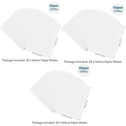BAOFALI 90 Sheets/Set Translucent Vellum Paper,Frosted Smooth Vellum Paper Printable Vellums for DIY Invitations Greeting Cards Card Overlays,Drawing,Envelope (8.5x11inch 93gsm/115gsm/135gsm) - size: 93gsm/115gsm/135gsm