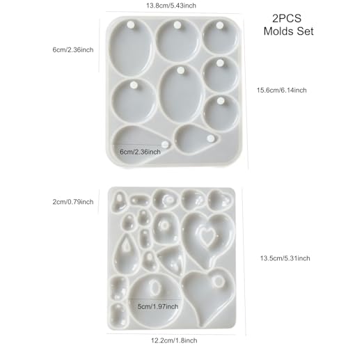 2Pcs Silicone Resin Casting Mold Set for Jewelry Pendants, Round, Oval, Heart and Teardrop Shapes with Hole Silicone Mold for Crafts Keychain Earrings Pendant Epoxy Resin Jewelry Making