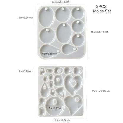 2Pcs Silicone Resin Casting Mold Set for Jewelry Pendants, Round, Oval, Heart and Teardrop Shapes with Hole Silicone Mold for Crafts Keychain Earrings Pendant Epoxy Resin Jewelry Making