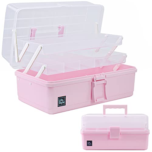 Creahaus 13 inch Art Craft Organizer Storage Box with 3 Layer, Multipurpose Plastic Tool Box with Handle for Sewing, Art Supply, Medicine, Nail, Hair Accessories (Pink) - color: Pink